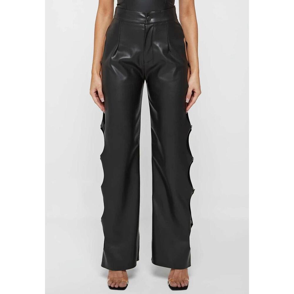 Maniere De Voir Vegan Leather Pants Womens 2 Black Cut Out High Waist NWT - Picture 2 of 9